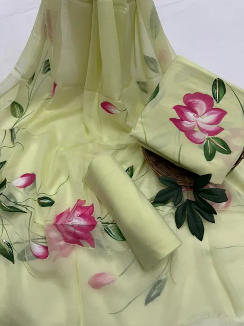 Hand-Painted Cotton Suit Set with Flowing Chiffon Dupatta